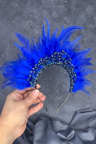 Saks Mavi Tüylü Kristal Boncuklu Arden Gelin Kına Tacı