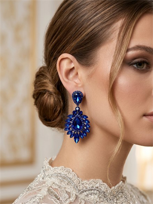 Saks Mavisi Rengi Iris Damla Mekikli Taşlı Abiye Lüx Gelin Küpesi 