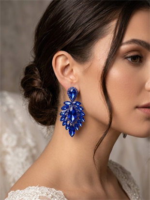 Saks mavisi Rengi Vera Mekik Vip Kristal Taşlı Abiye Gelin Küpesi