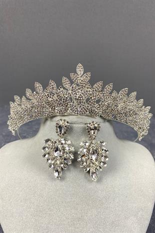 Sara Dense Stone Bridal Tiara and Earring