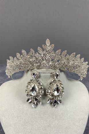 Sara Dense Stone Bridal Tiara and Earring