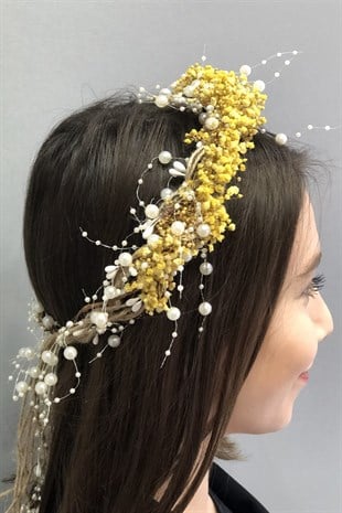 Sarı Cipsolu İncili Kuru Çiçekli Taç