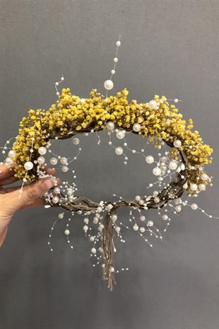Sarı Cipsolu İncili Kuru Çiçekli Taç