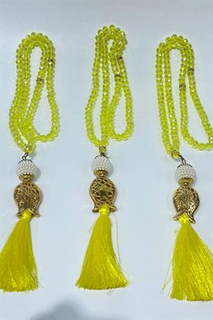 Yellow Gift Set with Tulip-Shaped Tassel and Crystal Beads, 99-Bead Prayer Rosary (for Mawlid, Circumcision, Hajj, and Umrah)