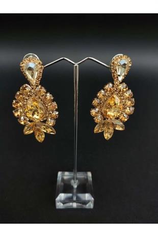 Sarı Kristal Taşlı Kına Düğün Gelin Küpesi