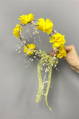 Sarı Lazer Çiçekli Özel Tasarım Nedime Tacı 