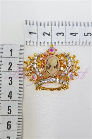 Sarı Madame Coco Taçlı Kristal Broş