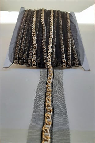 Sarı Zincirli Boncuk İşlemeli Şerit 1,5 Cm