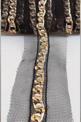 Sarı Zincirli Boncuk İşlemeli Şerit 1,5 Cm