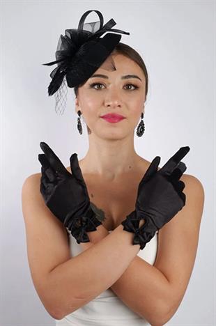 Saten Gelin Eldiveni Düğün Nikah Aksesuarı Fascinator Şapka Seti