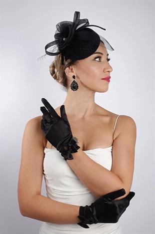 Saten Gelin Eldiveni Düğün Nikah Aksesuarı Fascinator Şapka Seti