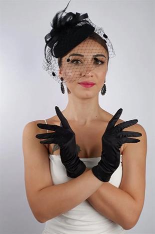 Saten  Gelin Eldiveni Düğün Nikah Aksesuarı Fascinator Şapka Seti