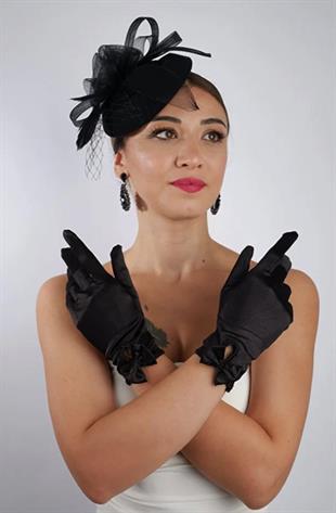 Saten Gelin Eldiveni Düğün Nikah Aksesuarı Fascinator Şapka Seti