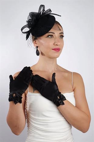Saten Gelin Eldiveni Düğün Nikah Aksesuarı Fascinator Şapka Seti