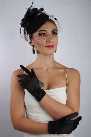 Saten  Gelin Eldiveni Düğün Nikah Aksesuarı Fascinator Şapka Seti