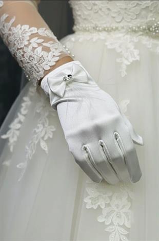 Saten Gelin Eldiveni - Fiyonklu ve Taş Detaylı Kısa Nikah Eldiveni