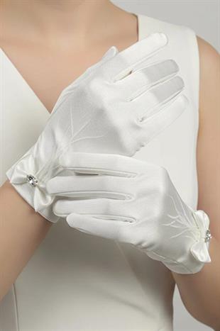 Saten Gelin Eldiveni - Fiyonklu ve Taş Detaylı Kısa Nikah Eldiveni
