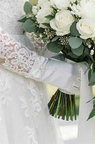 Saten Gelin Eldiveni - Fiyonklu ve Taş Detaylı Kısa Nikah Eldiveni