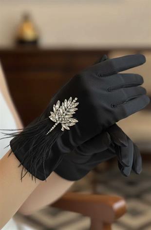 Saten Gelin Eldiveni - Kristal Taşlı Yaprak Figürlü ve Tüy Detaylı Lüks Nikah Eldiveni
