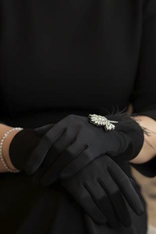 Saten Gelin Eldiveni - Kristal Taşlı Yaprak Figürlü ve Tüy Detaylı Lüks Nikah Eldiveni
