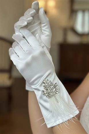 Saten Gelin Eldiveni - Kristal Taşlı Yaprak ve Tüy Detaylı Lüks Nikah Eldiveni