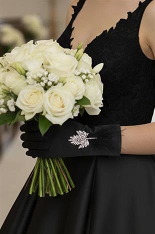 Saten Gelin Eldiveni - Kristal Taşlı Yaprak Figürlü ve Tüy Detaylı Lüks Nikah Eldiveni