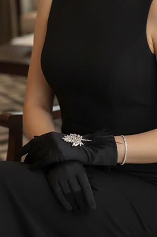Saten Gelin Eldiveni - Kristal Taşlı Yaprak Figürlü ve Tüy Detaylı Lüks Nikah Eldiveni