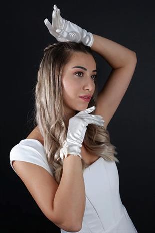 Saten Kısa Abiye 21 Cm İncili Eldiven Düğün Parti Balo Kostüm Aksesuarı