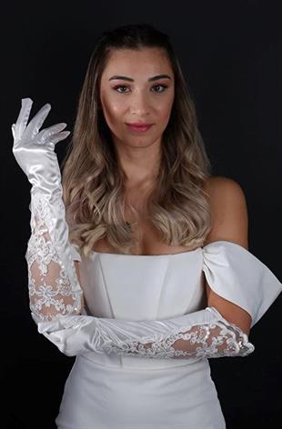 Saten ve Dantel Detaylı Gelin Nikah Düğün Eldiveni