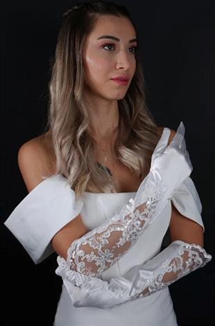 Saten ve Dantel Detaylı Gelin Nikah Düğün Eldiveni