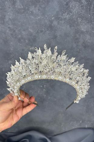 Sedia Yoğun İşlemeli Sedefli Kristalli Gelin Tacı Saç Aksesuarı