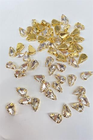 Şeffaf Gold Gold Zeminli Dikme Parlak Cam Damla Boncuk 10 Adet