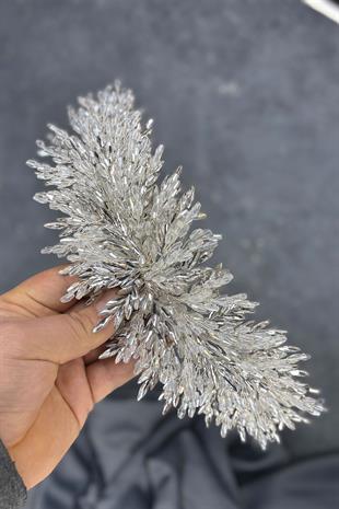 Şeffaf Gümüş Eva Yoğun Boncuk İşlemeli Gelin Kına Tacı