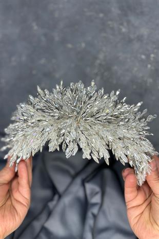 Şeffaf Gümüş Eva Yoğun Boncuk İşlemeli Gelin Kına Tacı