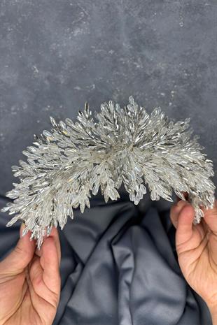 Şeffaf Gümüş Eva Yoğun Boncuk İşlemeli Gelin Kına Tacı