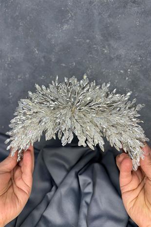 Şeffaf Gümüş Eva Yoğun Boncuk İşlemeli Gelin Kına Tacı