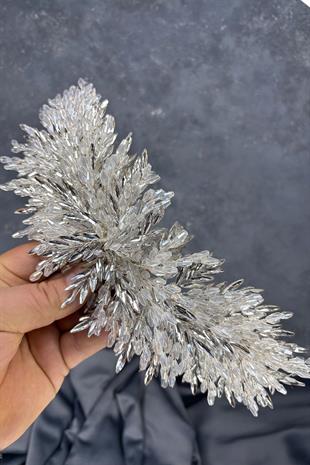 Şeffaf Gümüş Eva Yoğun Boncuk İşlemeli Gelin Kına Tacı