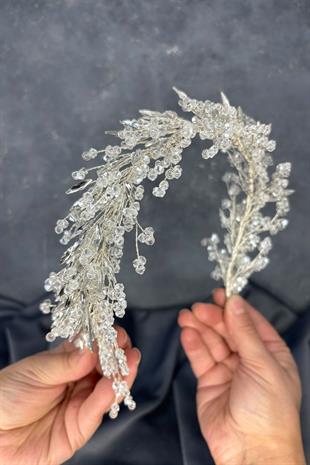 Şeffaf Gümüş Hera Kristal Boncuklu Gelin Kına Tacı Saç Ve Türban Aksesuarı