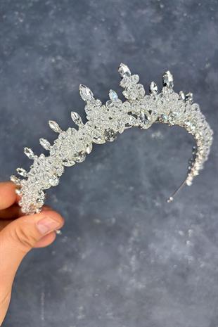 Şeffaf Gümüş Likya Boncuk İşlemeli Gelin Kına Tacı