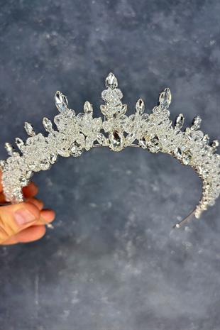 Şeffaf Gümüş Likya Boncuk İşlemeli Gelin Kına Tacı