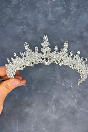 Şeffaf Gümüş Likya Boncuk İşlemeli Gelin Kına Tacı