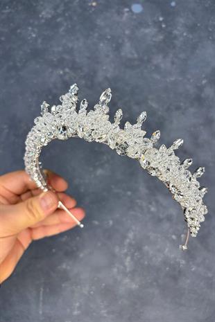 Şeffaf Gümüş Likya Boncuk İşlemeli Gelin Kına Tacı