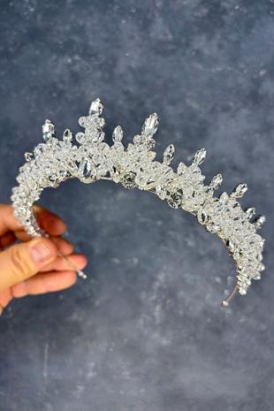 Şeffaf Gümüş Likya Boncuk İşlemeli Gelin Kına Tacı