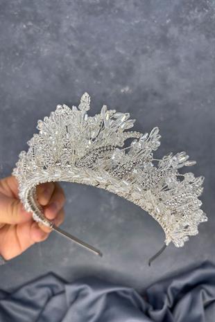 Transparent Silver Livan Beaded Bridal Henna Crown Hair Accessory