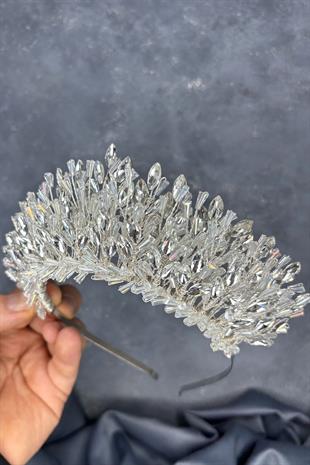 Transparent Silver Maria Intensely Embroidered Crystal Bridal Henna Crown Hair Accessory