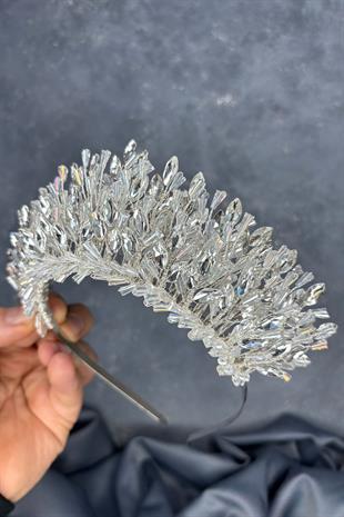 Transparent Silver Maria Intensely Embroidered Crystal Bridal Henna Crown Hair Accessory