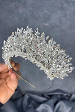 Transparent Silver Maria Intensely Embroidered Crystal Bridal Henna Crown Hair Accessory