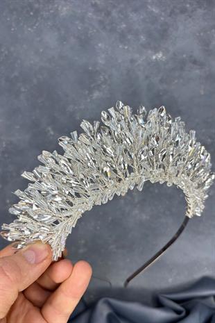 Transparent Silver Maria Intensely Embroidered Crystal Bridal Henna Crown Hair Accessory