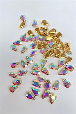 Şeffaf Janjanlı Gold Zeminli Dikme Parlak Cam Damla Boncuk 10 Adet