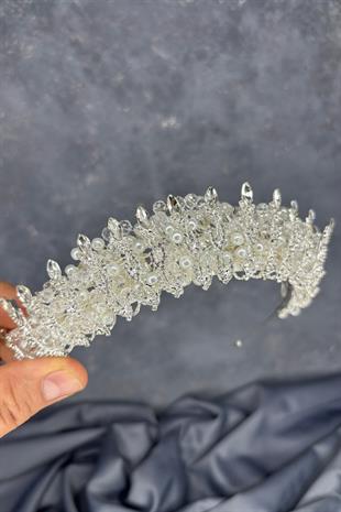 Şeffaf  Kristal Boncuk İşlemeli Buğlem Gelin Tacı